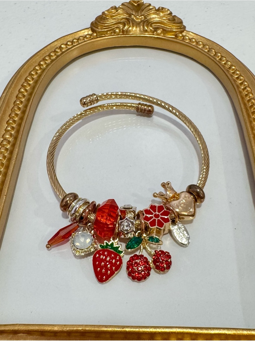 New Gold-Tone Strawberry Charm Bracelet with Red and Green Accents